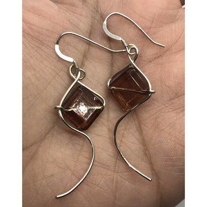 Sterling Silver 925 Rhombus Brown Glass & Wire Art earrings Kite Like
